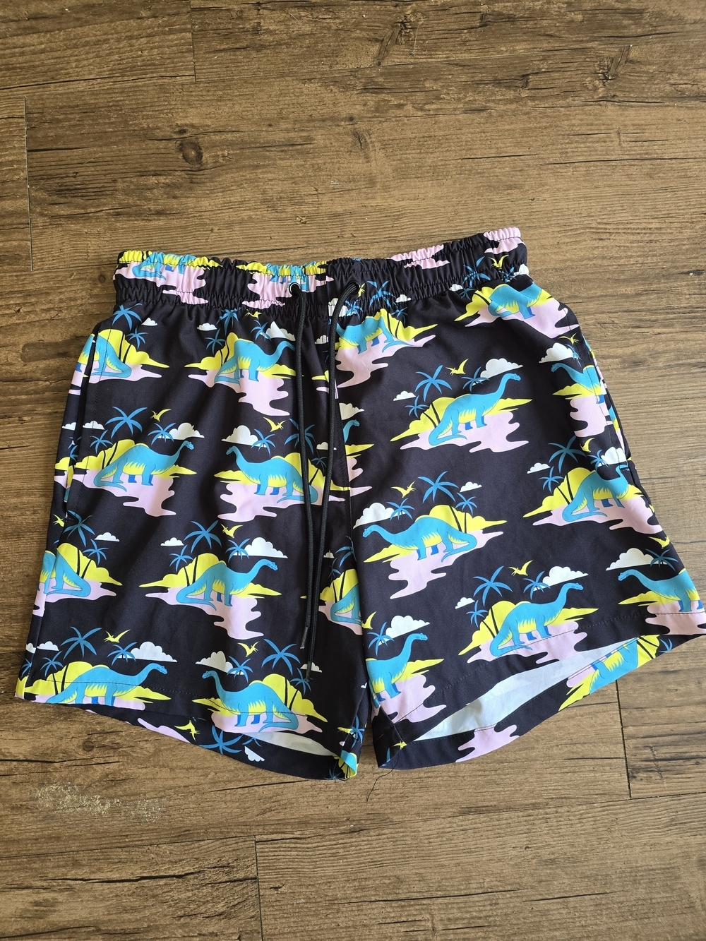 crown & ivy Black Swim Trunks with Yellow, Blue & Pink Dino Print